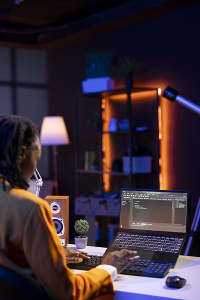 Computer scientist writes code on laptop screen while in apartment office using Java programming languages. African american teenager remotely working on fixing database errors